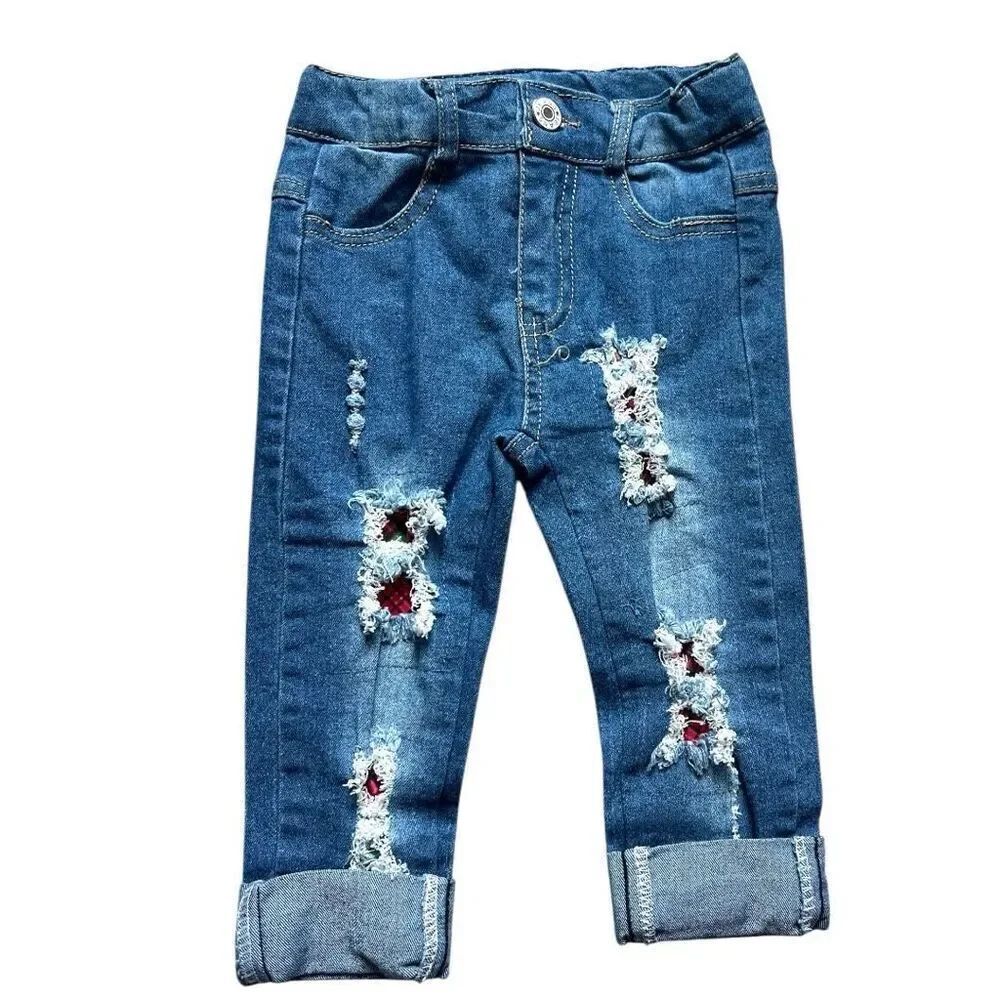 Toddler Girls Boutique Winter Plaid Distressed Roll Bottom Jeans - Sz 3T